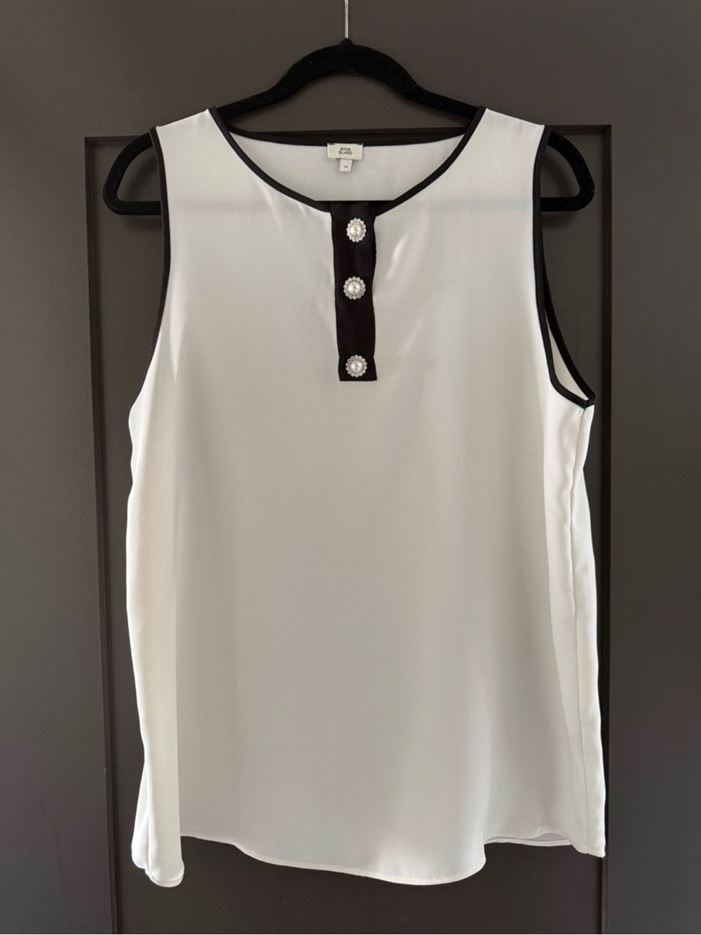 River Island Ivory Cream Sleeveless Top with Black Trim & Jewelled Pearl Buttons